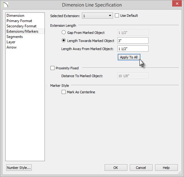 Dimension Line Specification Dimension Line Specification dialog with 1.5 inch Length entered and Apply To All button selected
