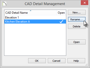 CAD Detail Management CAD Detail Management dialog - Rename button selected and new CAD Detail Name displayed