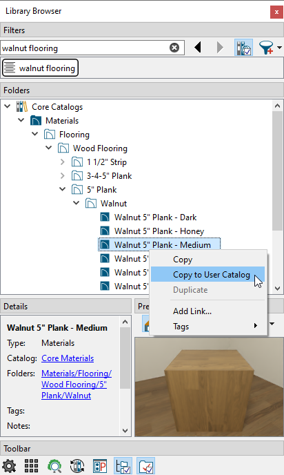 Select the Copy to User Catalog option on a material