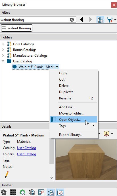 Opening a copied material from the User Catalog