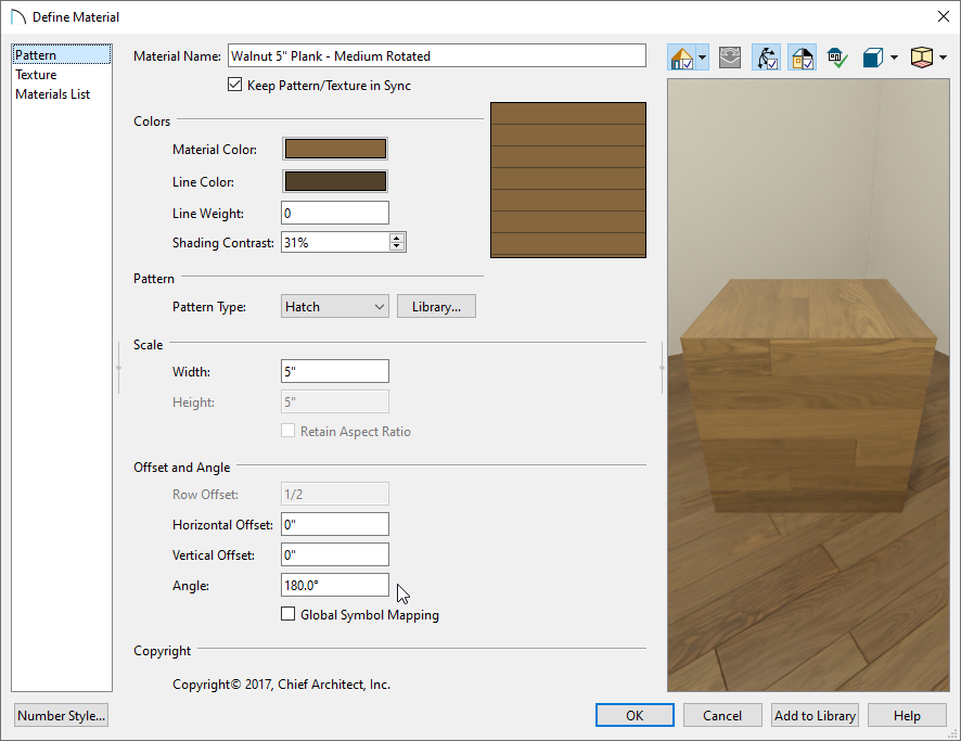 Pattern panel in the Define Material dialog