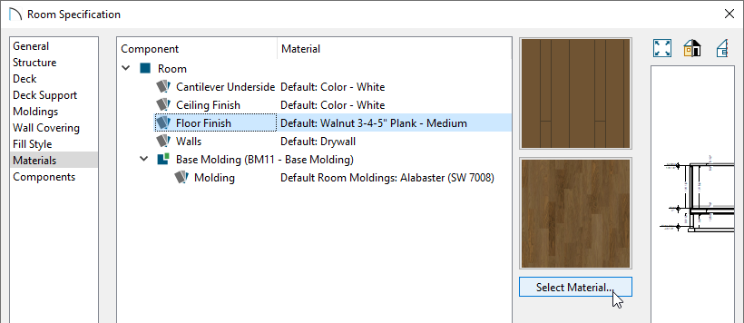 Materials panel of the Room Specification dialog