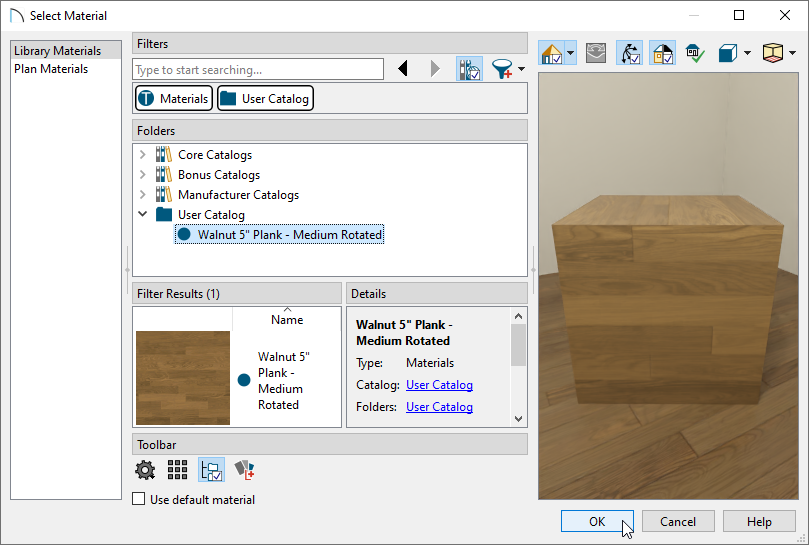 Selecting the modified material from the User Catalog