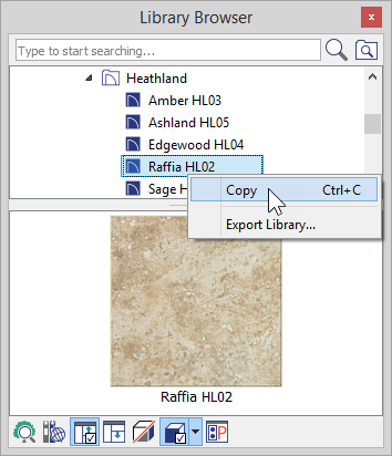 Right-click on the tile name and choose Copy Library Browser with right-click menu showing Copy option