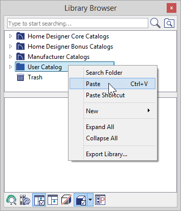 Right-click on User Catalog and choose Paste Library Browser with right-click menu showing Paste option