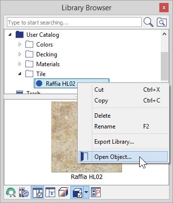 Right-click on tile name and choose Open Object Library Browser with right-click menu showing Open Object option