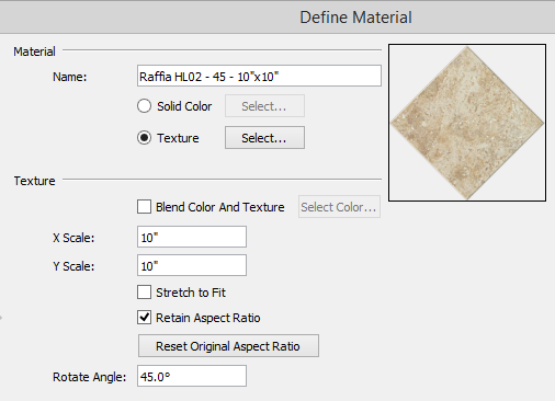 Define Material Define Material dialog showing new name, X Scale, Y Scale and Rotate Angle