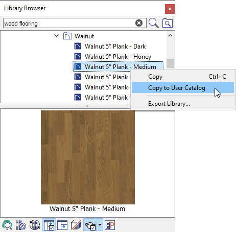 Select the Copy to User Catalog option on a material