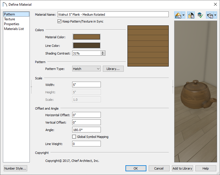 Pattern panel in the Define Material dialog