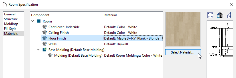 Materials panel of the Room Specification dialog