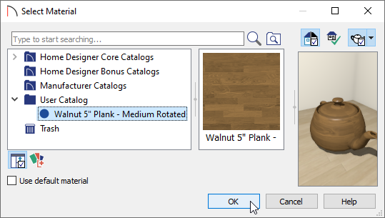 Selecting the modified material from the User Catalog