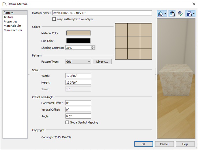 Pattern panel in the Define Material dialog