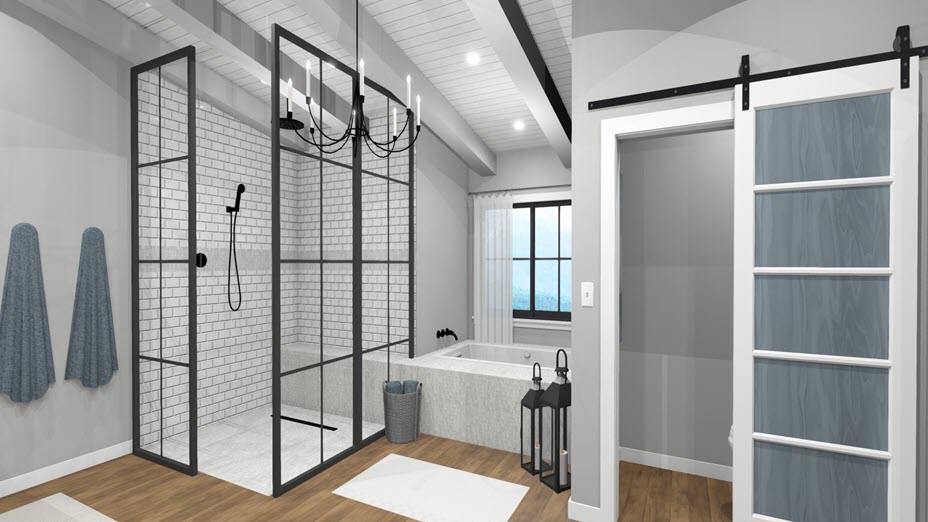 Subway tile applied to a walk-in shower Bathroom with subway different tile materials