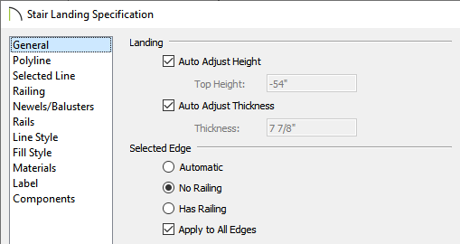 General panel of hte Stair Landing Specification dialog