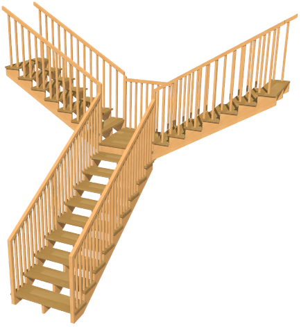 3D view, one stairway going up, landing splitting into two perpendicular stairways going up