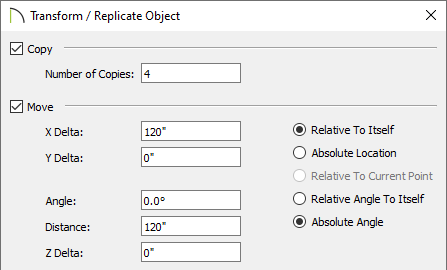 Transform/Replicate Object dialog showing four copies and moving them on the X delta 120 inches