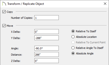 Transform/Replicate Object dialog showing one copy and moving it on the Y delta negative 288 inches