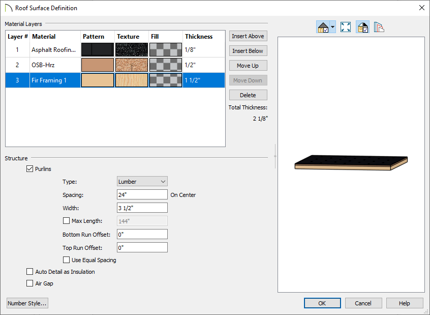 Roof Surface Definition dialog with Fir Framing purlins