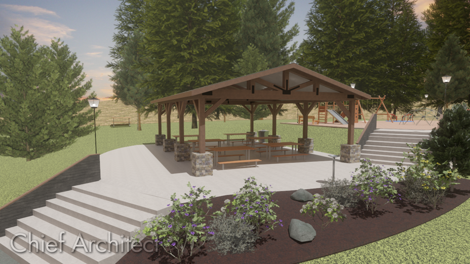 Post and beam pavilion in a park