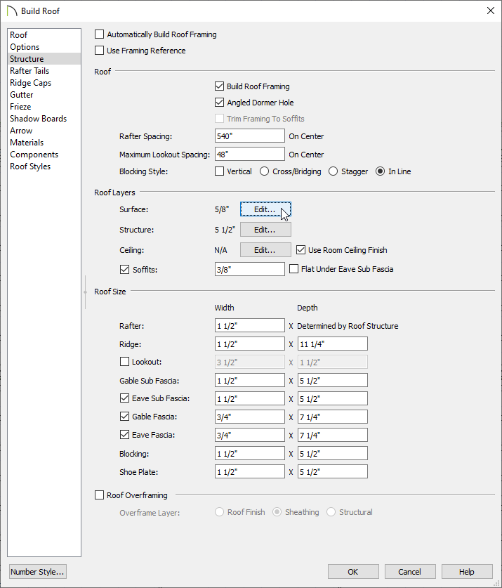 Build Roof dialog on the Structure panel with Build Roof Framing checked and clicking on the Surface Edit button