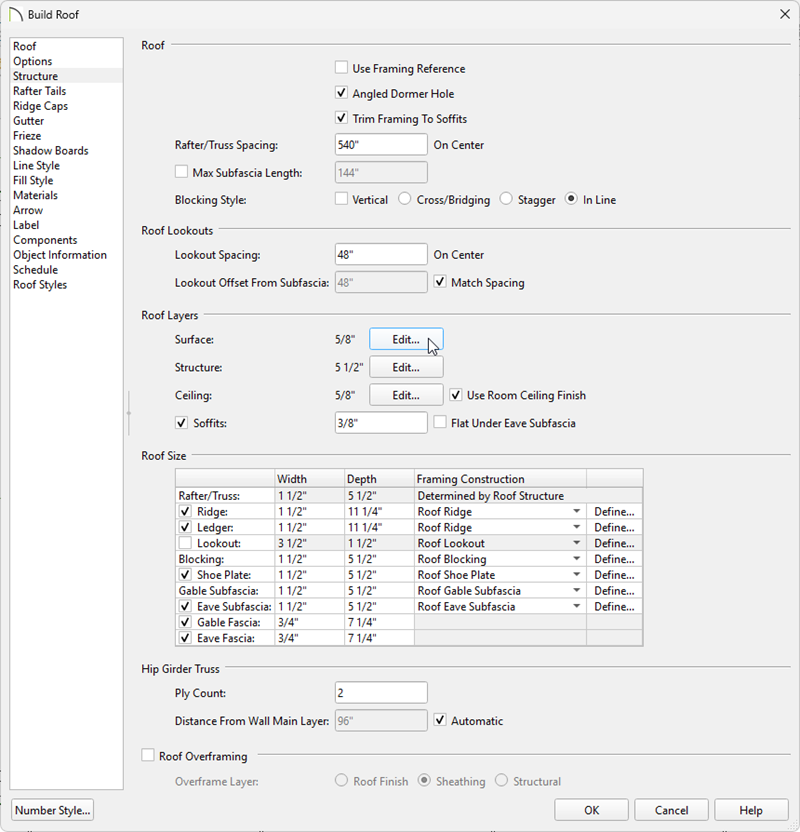 Build Roof dialog on the Structure panel with Build Roof Framing checked and clicking on the Surface Edit button