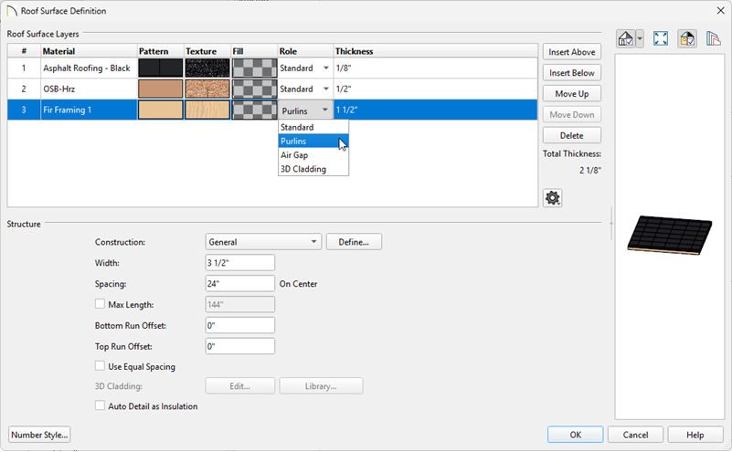 Roof Surface Definition dialog with Fir Framing purlins