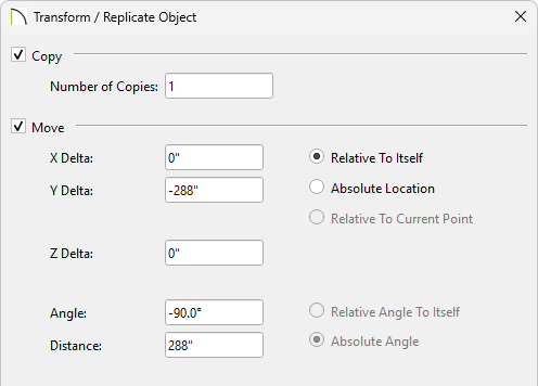 Transform/Replicate Object dialog showing one copy and moving it on the Y delta negative 288 inches