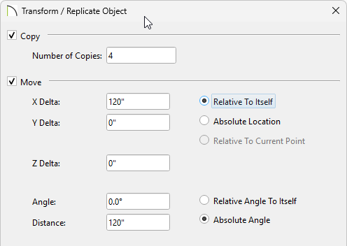Transform/Replicate Object dialog showing four copies and moving them on the X delta 120 inches
