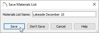 Save Material List dialog