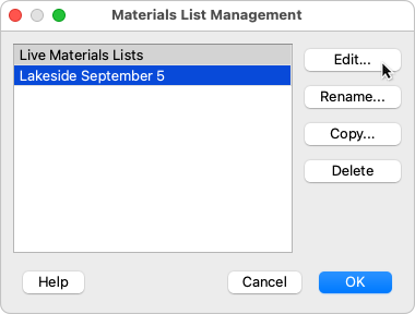 Materials List Management dialog