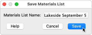 Save Materials List dialog