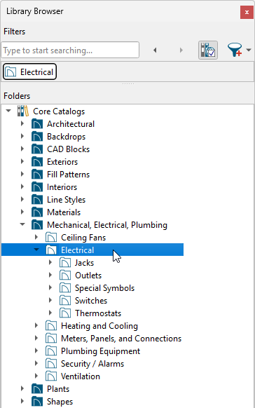 Find different electrical objects in the Library Browser.