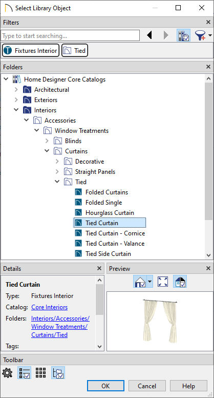 Selecting a window treatment in the Select Library Object dialog