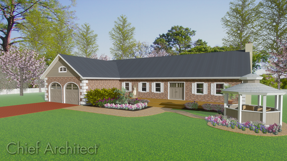 Real time ray trace perspective overview of an L-shaped house with full gable ends