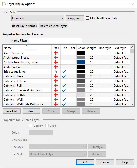 Layer Display Options dialog where layers are displayed