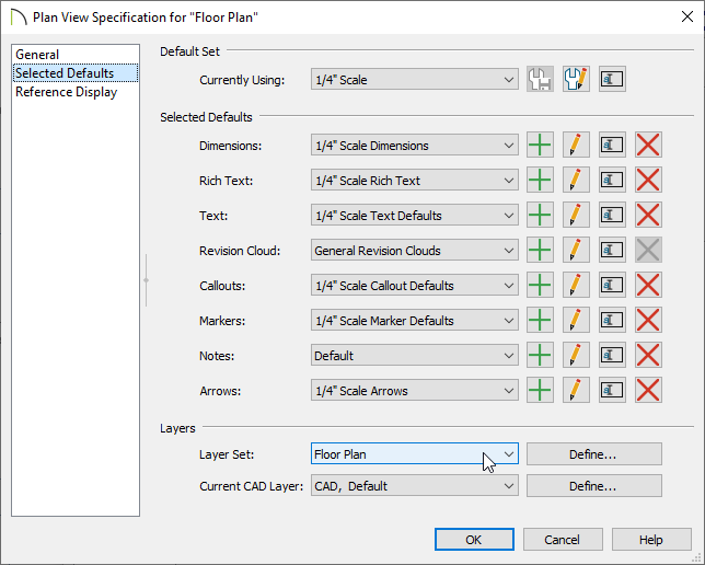 Selected Defaults panel of the Plan View Specification dialog