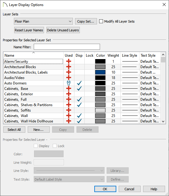 Layer Display Options dialog where layers are displayed