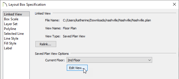 Layout Box Specification dialog clicking on Edit View in the Linked View panel