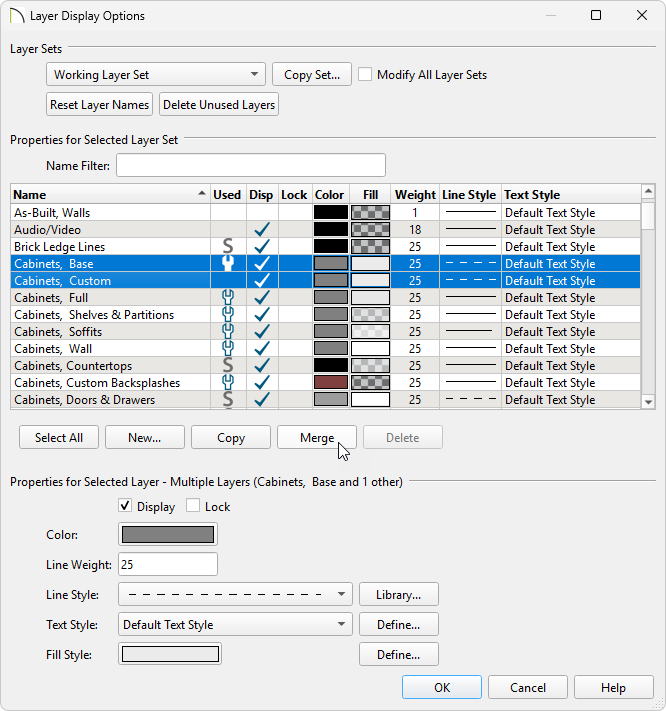 Layer Display Options dialog with two layers selected