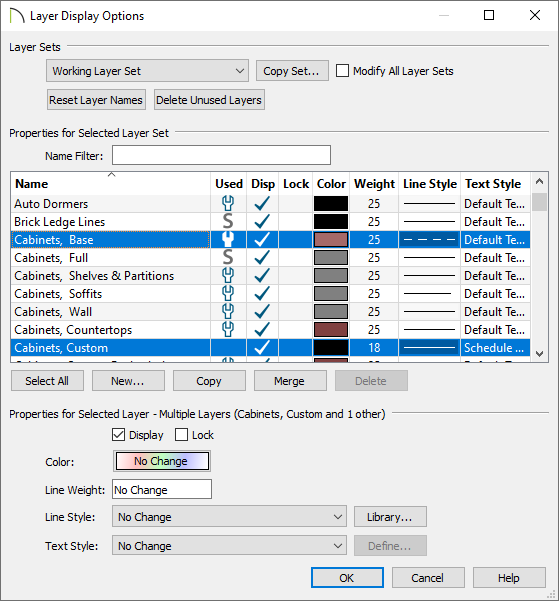 Layer Display Options dialog with two layers selected