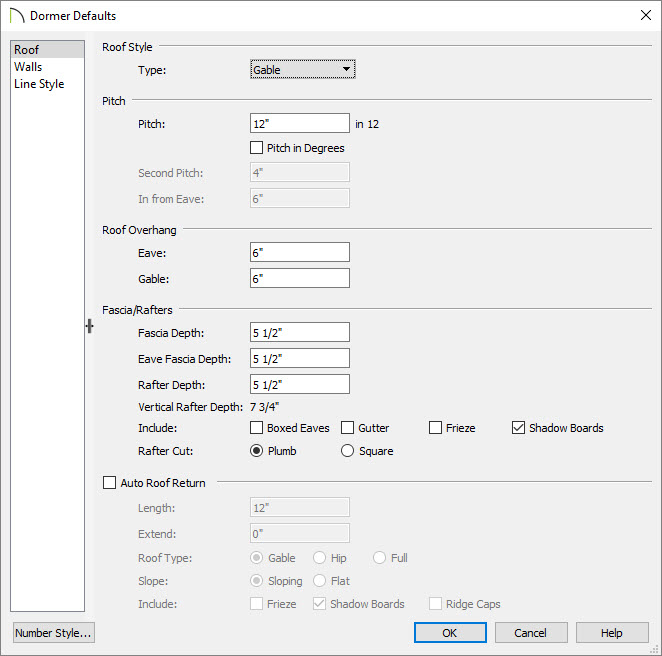Dormer Defaults Dormer defaults dialog