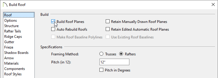 Check the Build Roof Planes box 