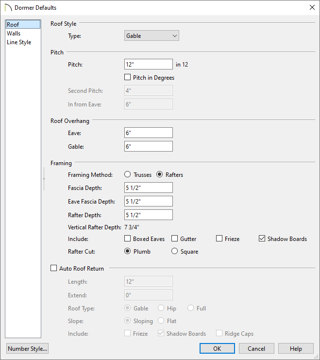 Dormer defaults dialog