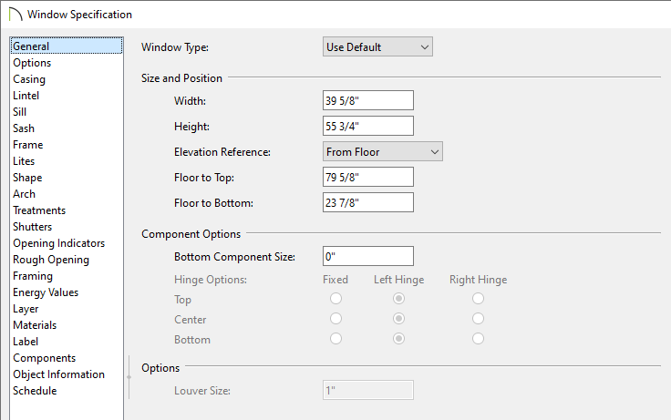 Adjusting the dormer window within the Window Specification dialog