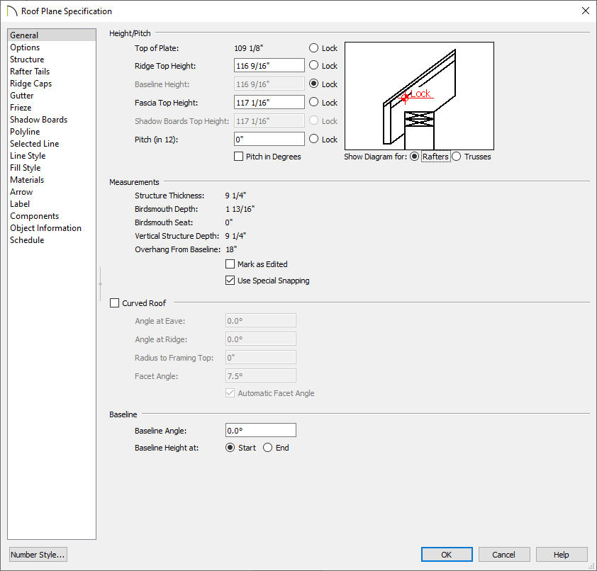 Roof Plane Specification locking the baseline height and changing the pitch to zero inches