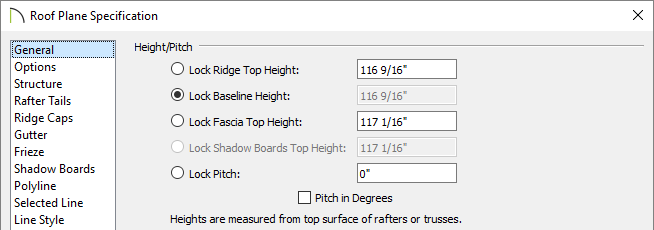 Roof Plane Specification dialog Roof Plane Specification with Pitch set to zero