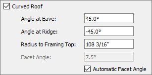 Select Curved Roof and specify an Angle at Eave, Angle at Ridge, or Radius to Framing Top value