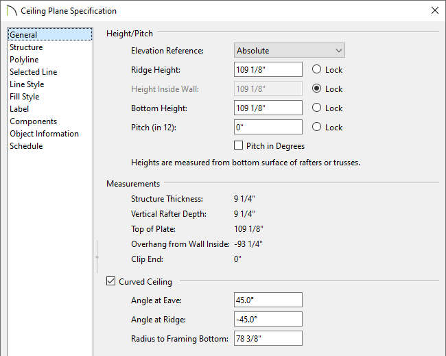 Specifying the pitch and angle of the ceiling plane