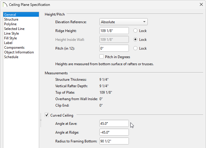 Specifying the pitch and angle of the ceiling plane