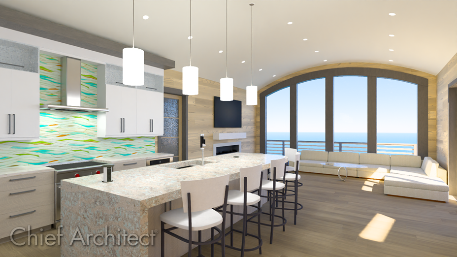 Curved ceiling separating within an open living and kitchen space